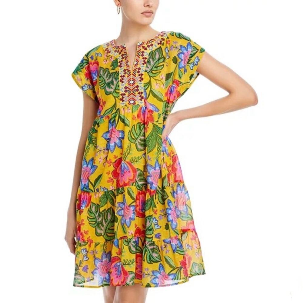 Johnny Was Prairie Dolman floral tropical mini dress 100% cotton yellow sz small